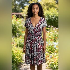 Kaileigh Navy Floral Wrap Midi Dress with Red & Cream Accents